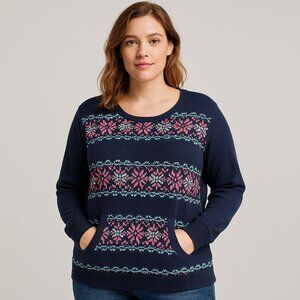 Jane and Bleeker Pullover Waffle Sweater Blue Pink Snowflakes Long Sleeve XL